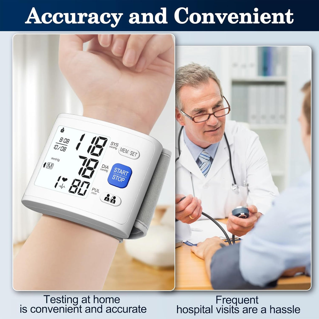 Wrist Blood Pressure Monitor LCD Display, Adjustable Cuff, Heart Rate Meter

