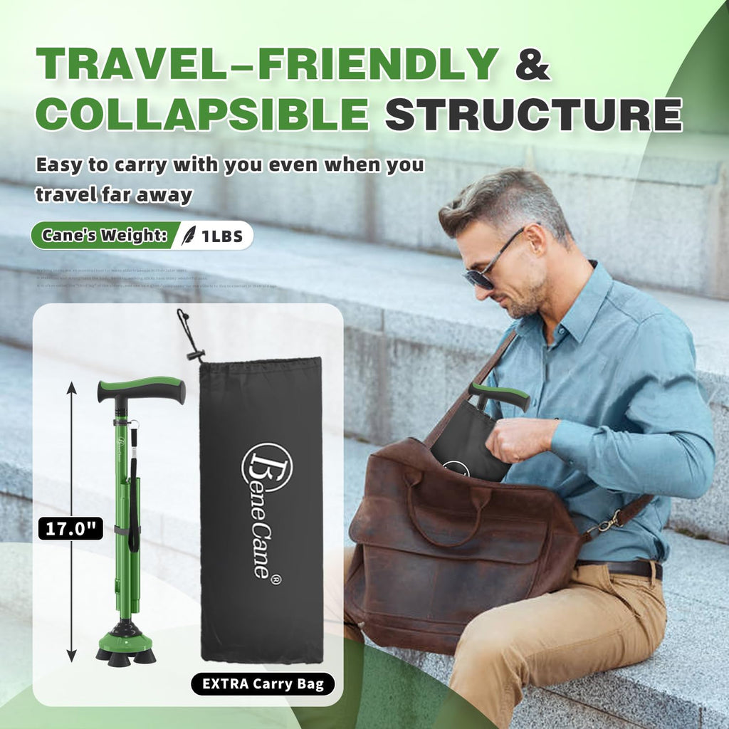 BeneCane Folding Walking Cane for Seniors, Adjustable Quad Cane with TPR T-Handle

