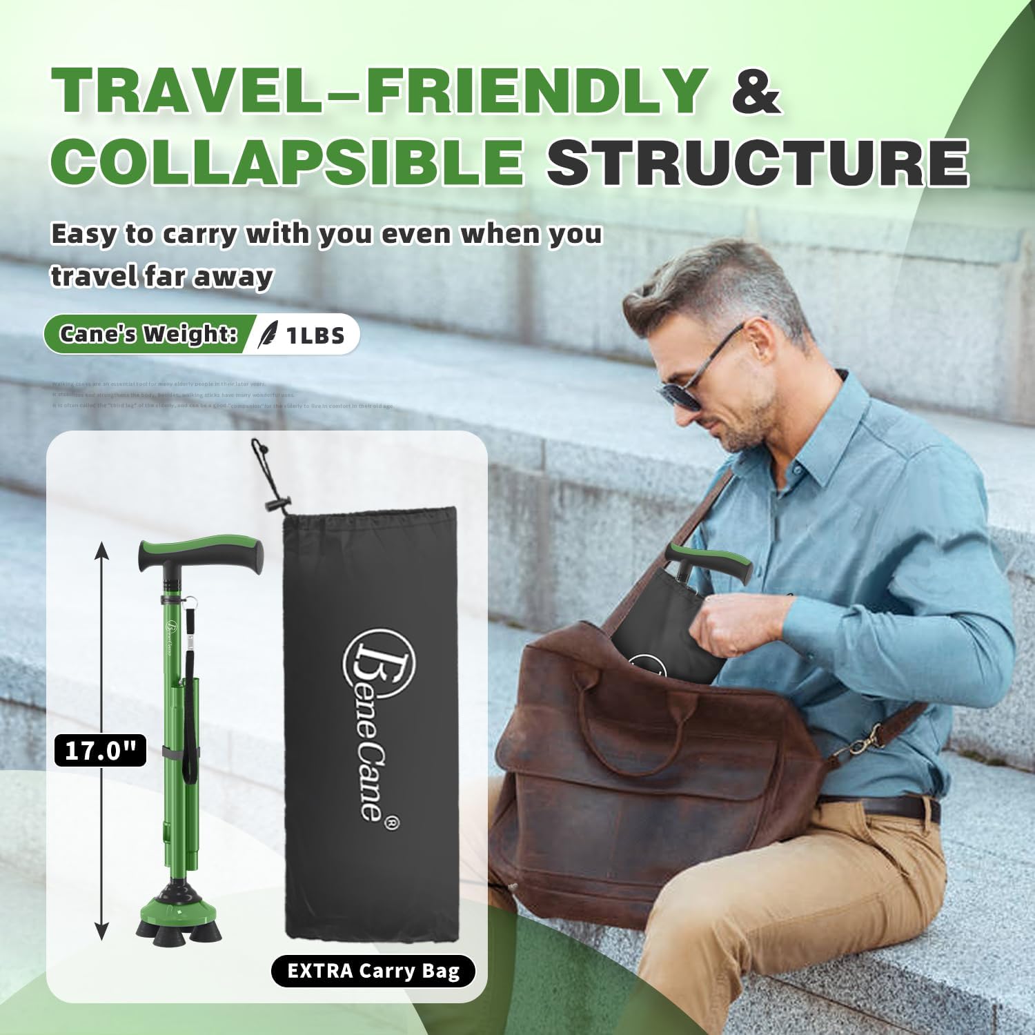 BeneCane Folding Walking Cane for Seniors, Adjustable Quad Cane with TPR T-Handle

