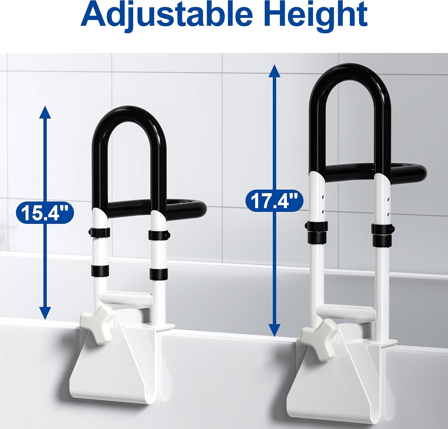 Adjustable Bathtub Safety Rail Clamp-On Shower Grab Bar, Non-Slip Dual Handles

