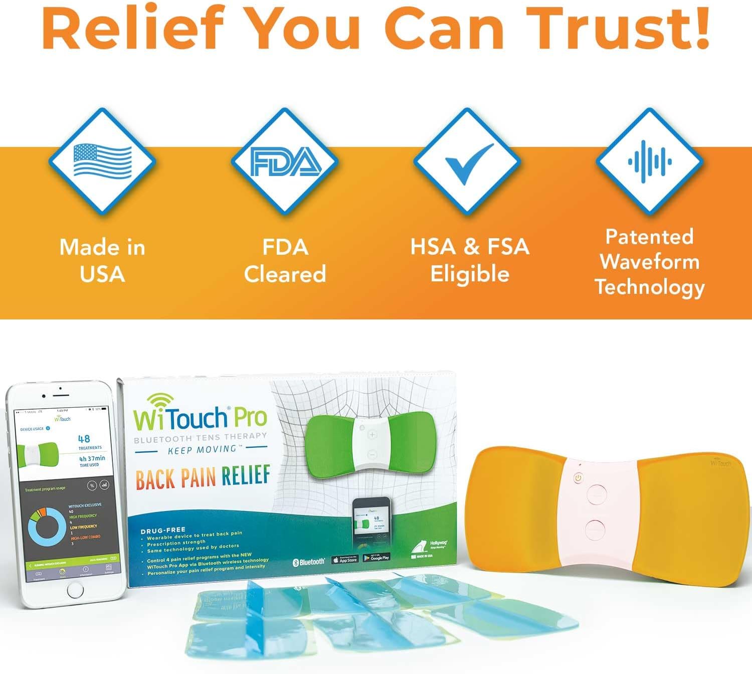 WiTouch Pro Wireless TENS Unit for Back Pain Relief, Wearable Muscle Stimulator


