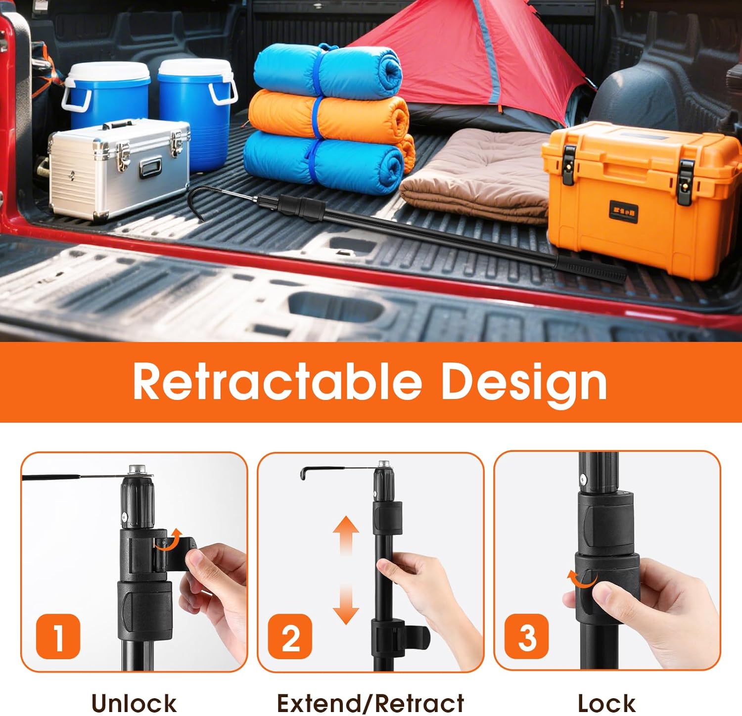 Magnetic Truck Cargo Grabber Telescoping Reach Retriever Tool with Two Hooks


