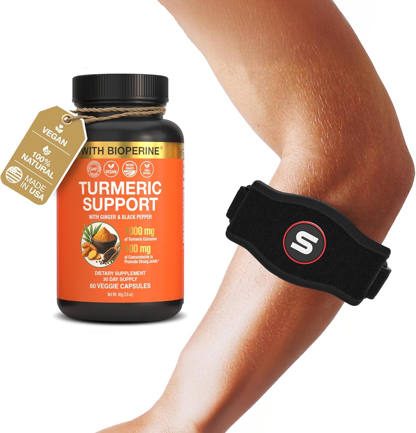 Sleeve Stars Counterforce Elbow Brace with Turmeric Curcumin Supplement Capsules

