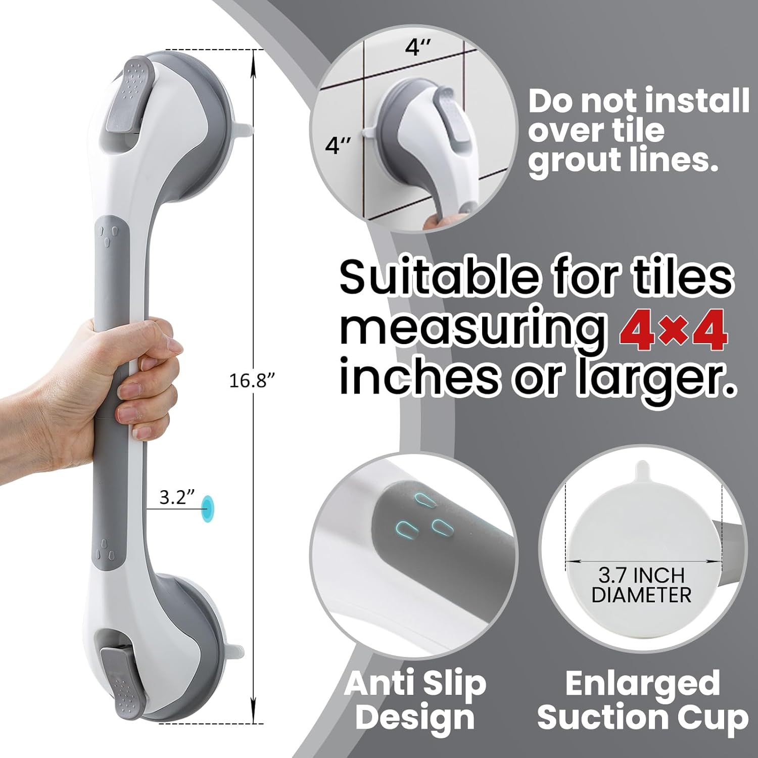 TAILI 16 inch Suction Cup Shower Grab Bar, Removable Bathroom Safety Handle

