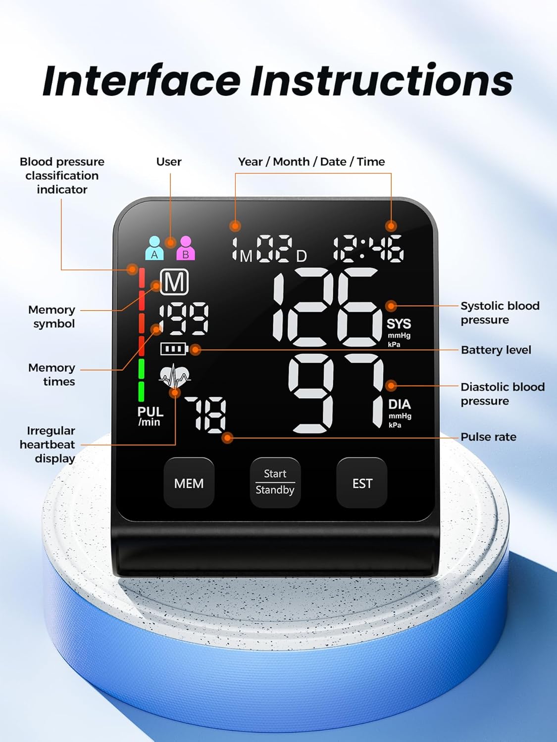 Upper Arm Electronic Blood Pressure Monitor, Automatic Digital BP with Backlit Display

