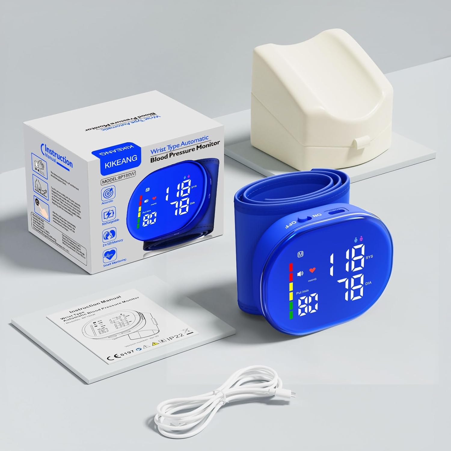 Rechargeable Wrist Blood Pressure Monitor with LED Display and One-Button Operation

