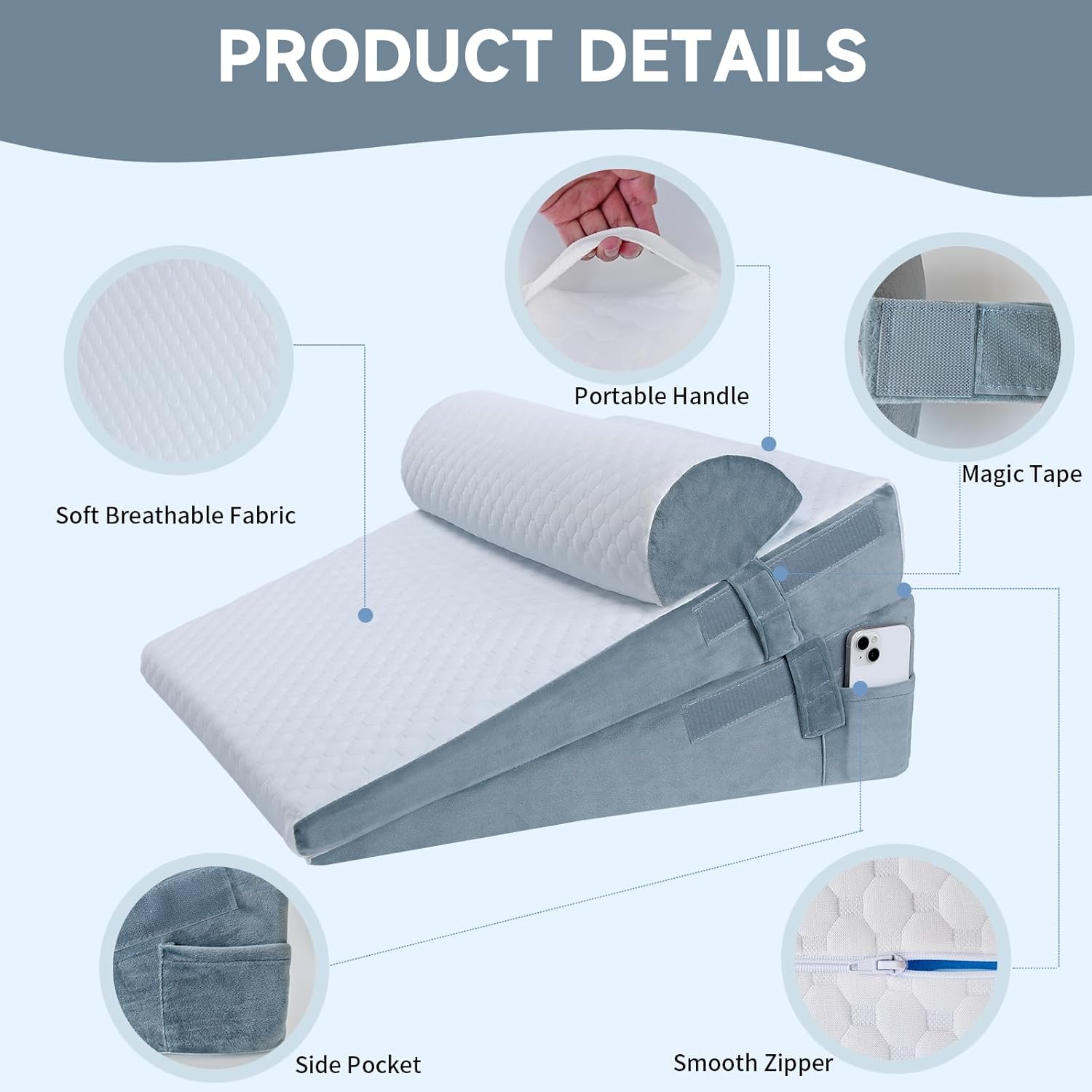 Adjustable Height Bed Wedge Pillow Set, Memory Foam Triangle Pillow for Sleep

