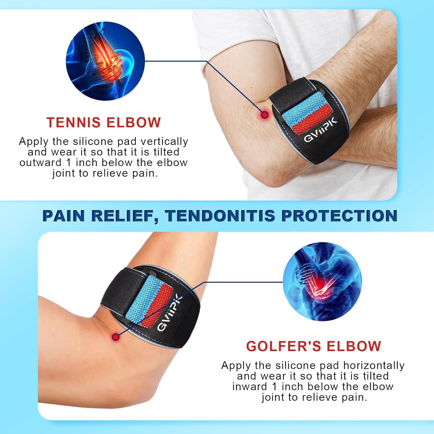 Gviipk Tennis Elbow Brace Adjustable Forearm Compression Support Strap with Silicone Pad

