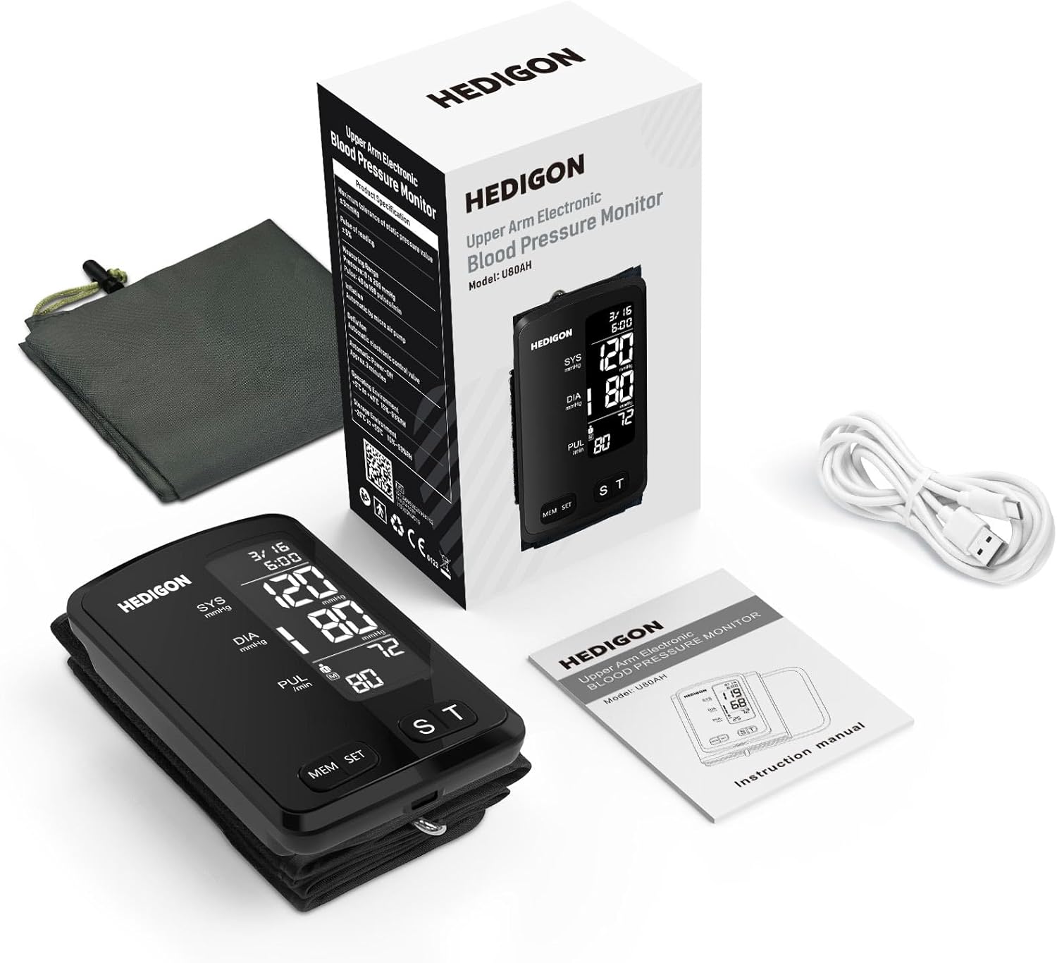 Upper Arm Blood Pressure Monitor with Large Cuff, Digital LCD, Rechargeable

