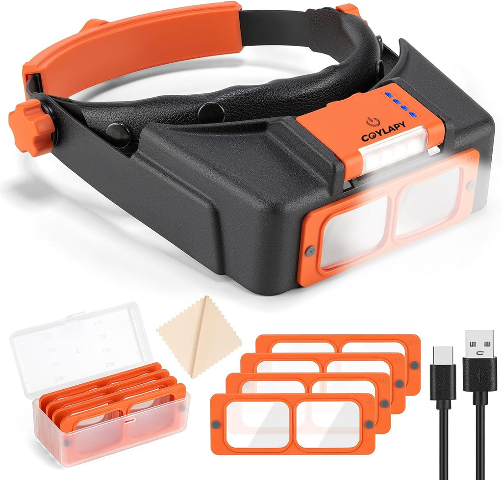 Rechargeable Headband Magnifier with Light, 4-Lens Loupe Visor for Close Work

