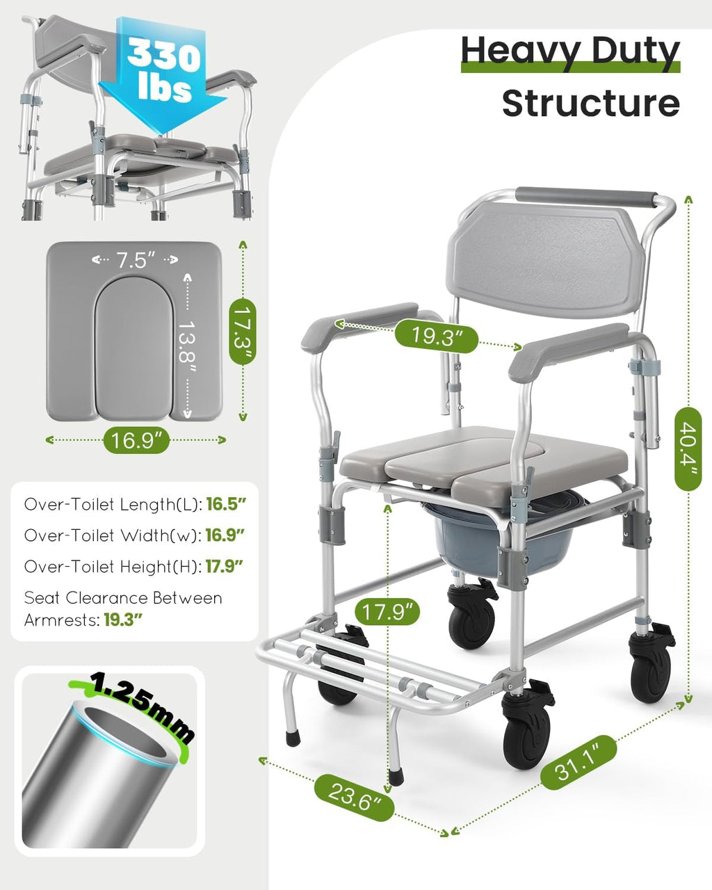 Shower Chair with Wheels, Commode Wheelchair with Flip-Up Arms and Safety Straps

