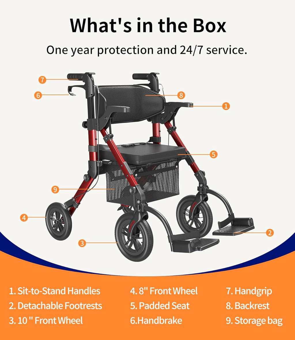 VOCIC 2-in-1 Rollator Walker Transport Chair with Seat, Foldable Brakes

