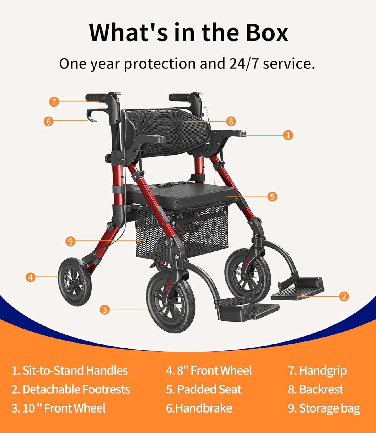VOCIC 2-in-1 Rollator Walker Transport Chair with Seat, Foldable Brakes

