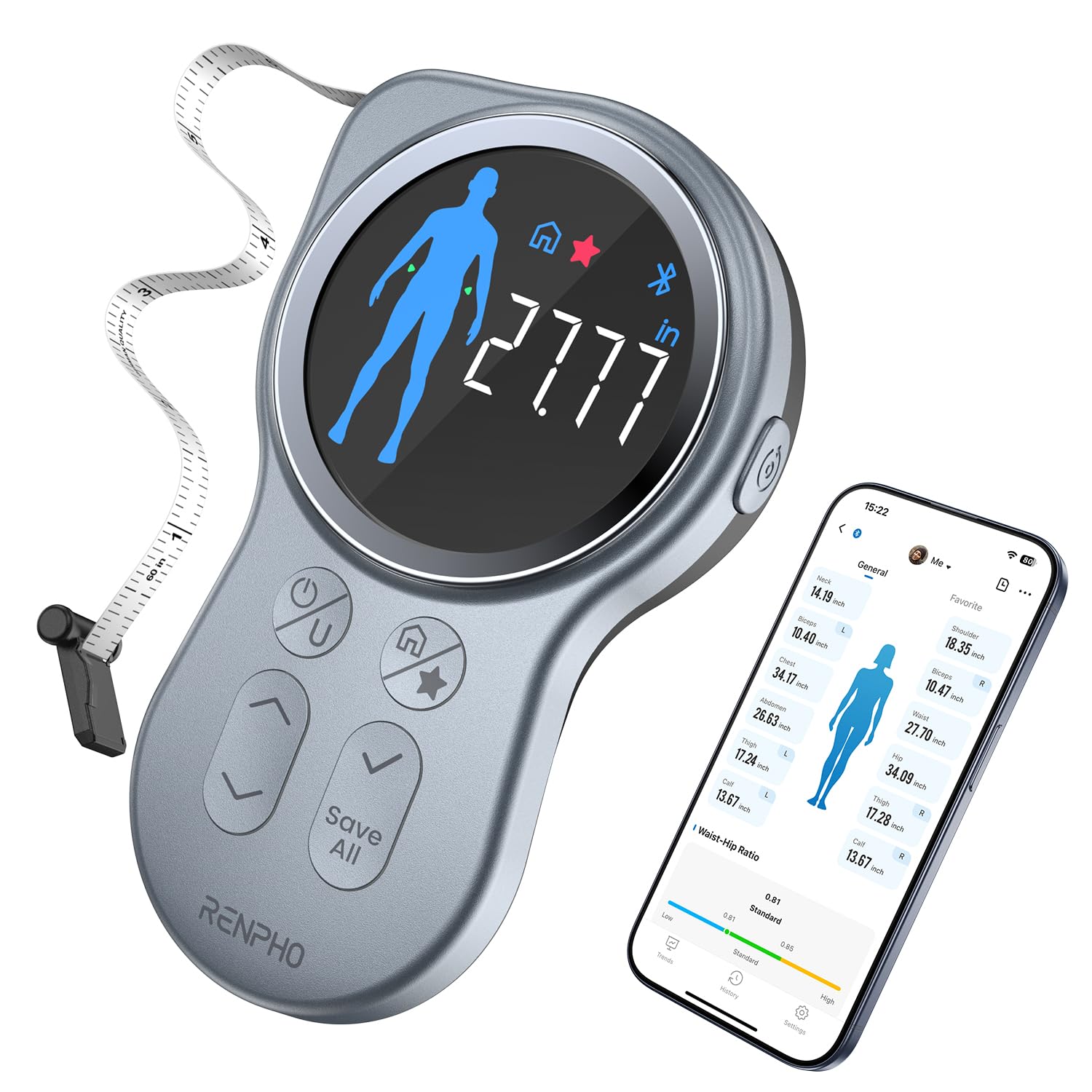 RENPHO Smart Tape Measure with Large Display and Bluetooth Body Measuring Tape

