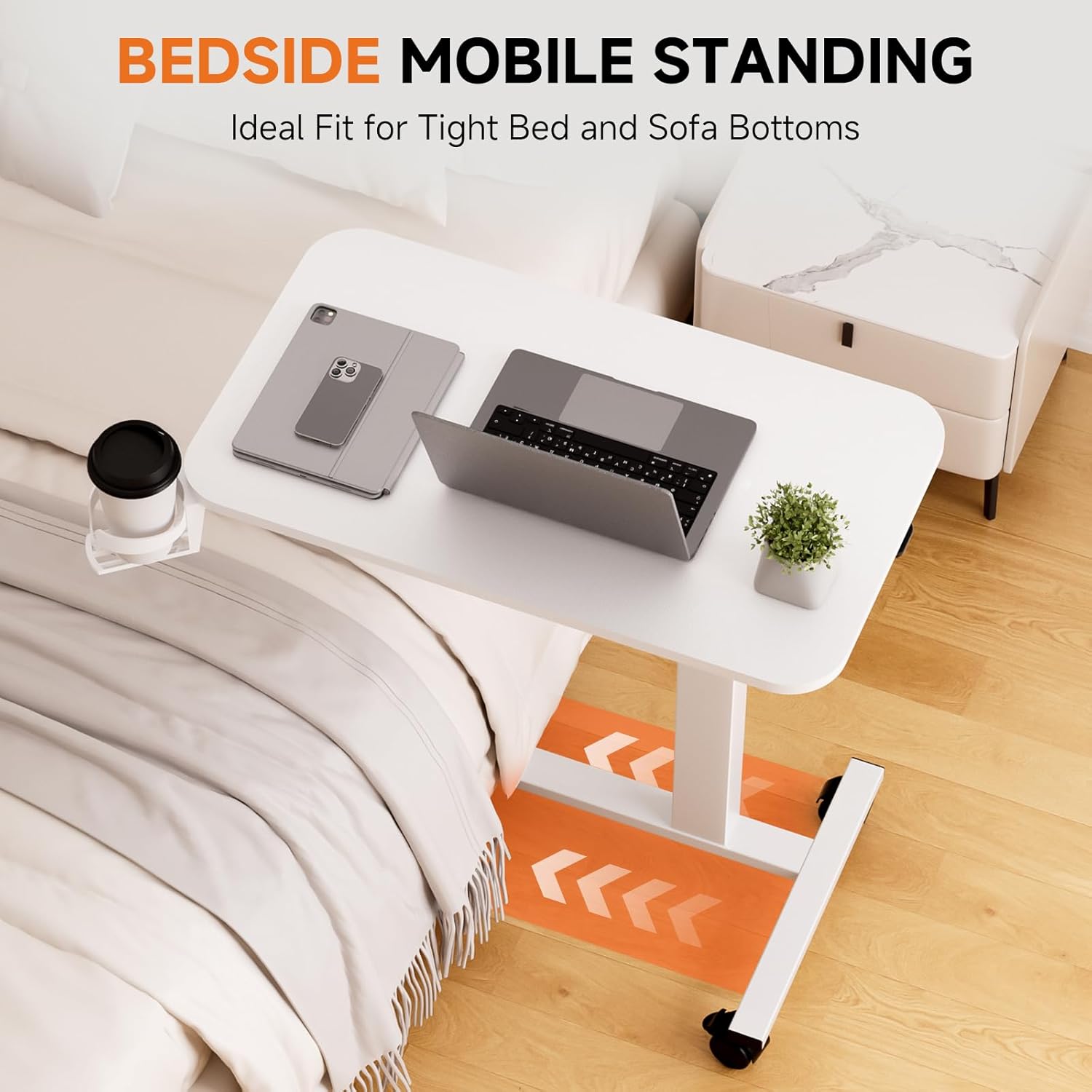 COMHOMA Adjustable Overbed Bedside Table with Lockable Wheels, Pneumatic Rolling Desk


