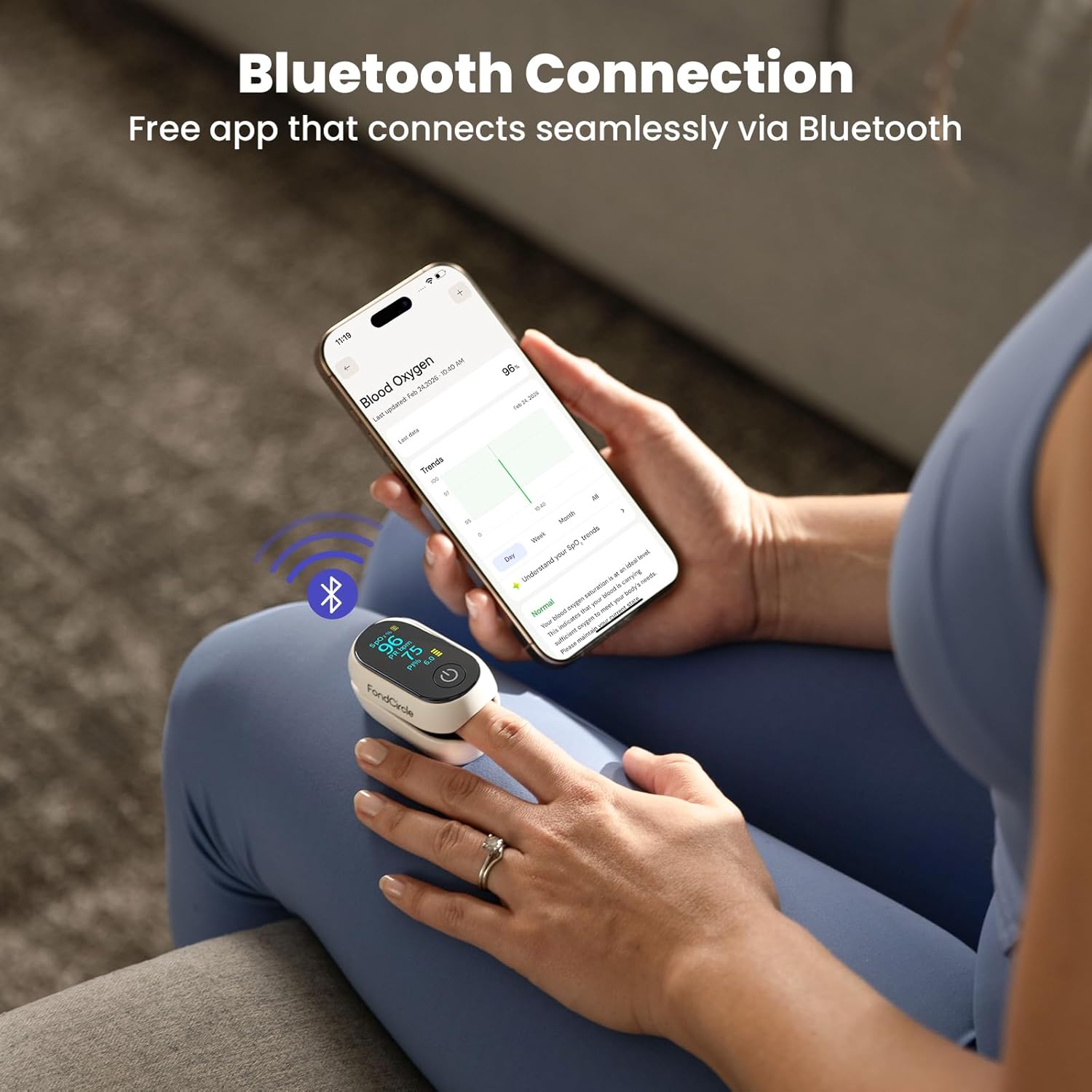 FondCircle Bluetooth Fingertip Pulse Oximeter with Full OLED, SpO2, Heart Rate & PI

