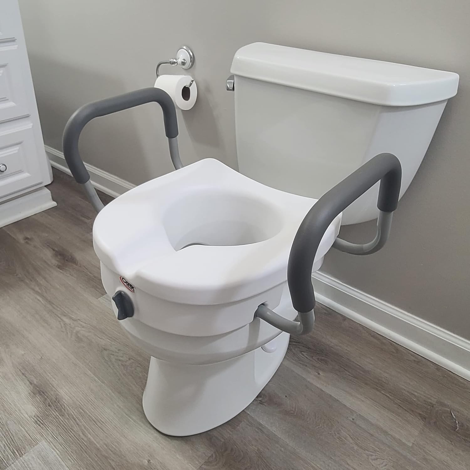 Carex E-Z Lock Raised Toilet Seat with Handles, 5 in Toilet Riser for Seniors

