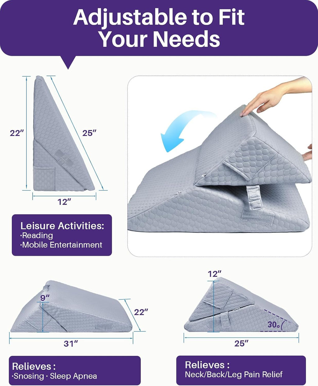 Kekoy Memory Foam Wedge Pillow for Acid Reflux, Sleep Apnea, Snoring, Back Pain

