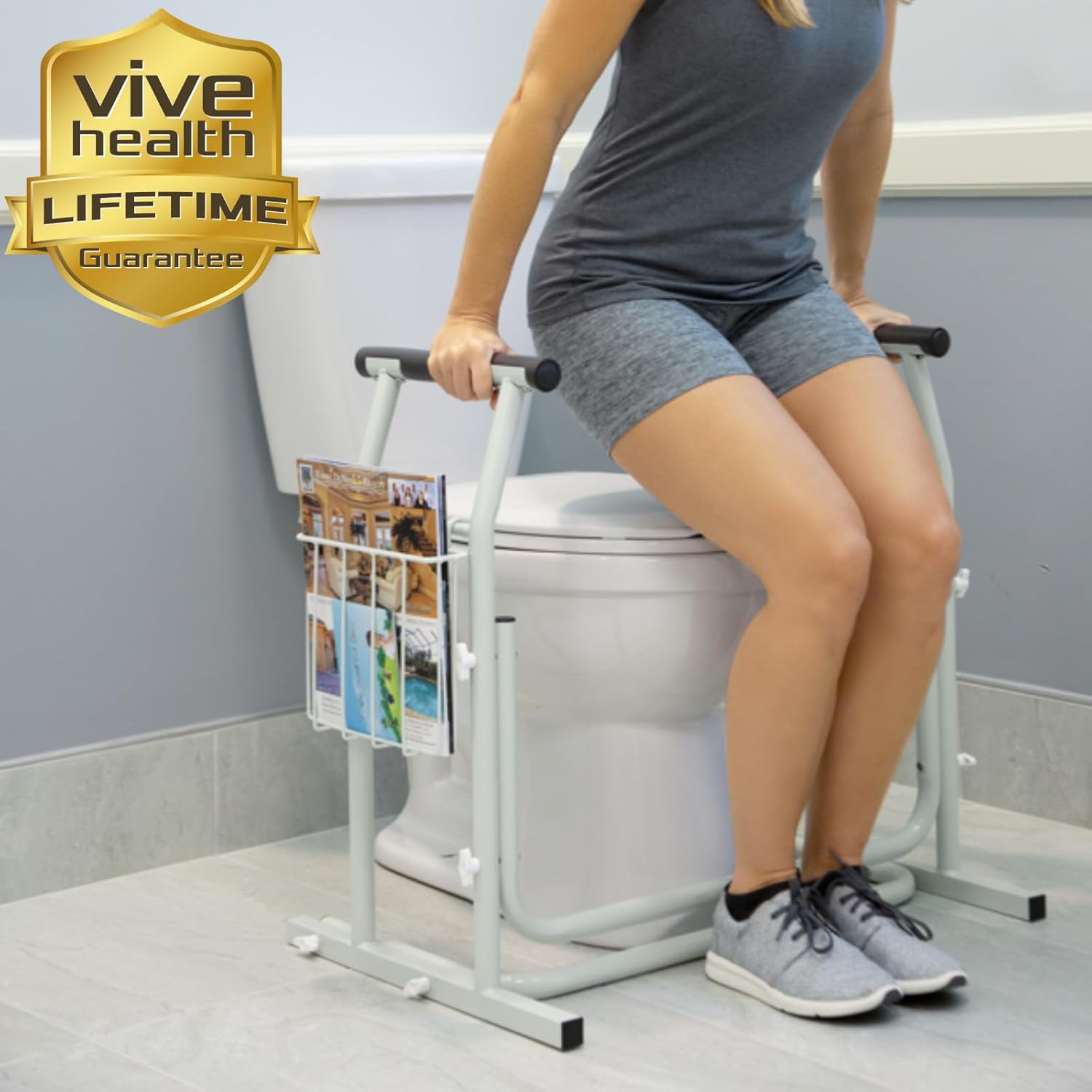 Vive Freestanding Toilet Safety Rail with Padded Handles, 300 lb Support

