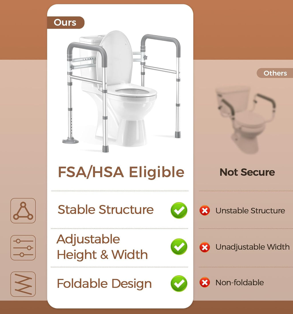 Soundfuse Adjustable Foldable Toilet Safety Rails for Seniors, 350 lb Capacity

