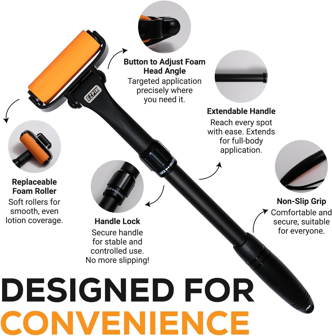 EZPIK Extendable Lotion Applicator for Back and Legs, Curved Foam Roller Handle

