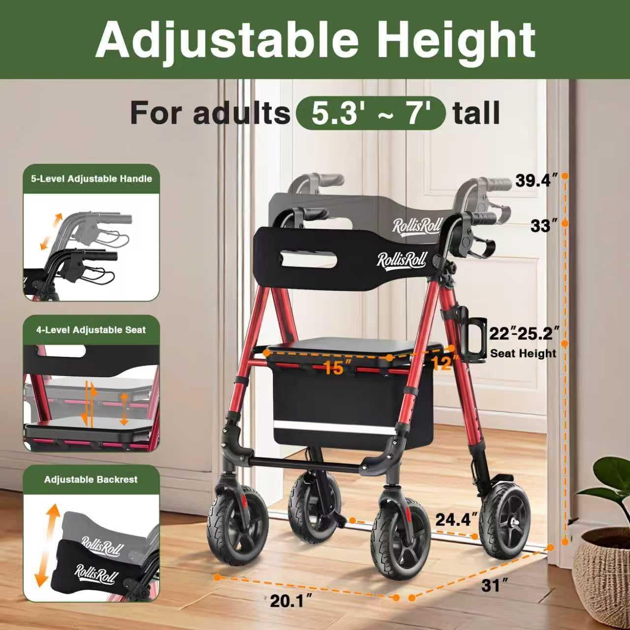 Walkers for Seniors Taller Foldable Rollator Walker Reinforced Aluminum Frame 8" Wheels

