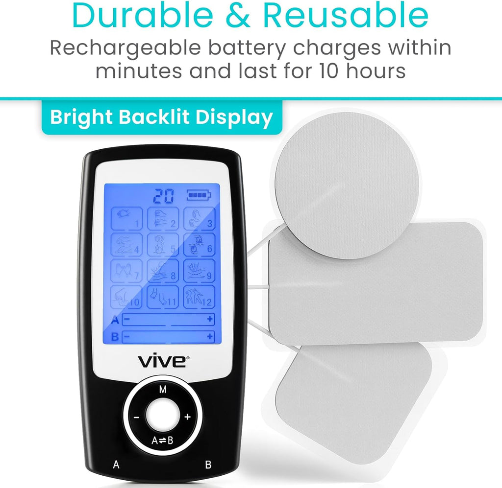 Vive TENS Unit Muscle Stimulator with Self-Sticking Electrode Pads

