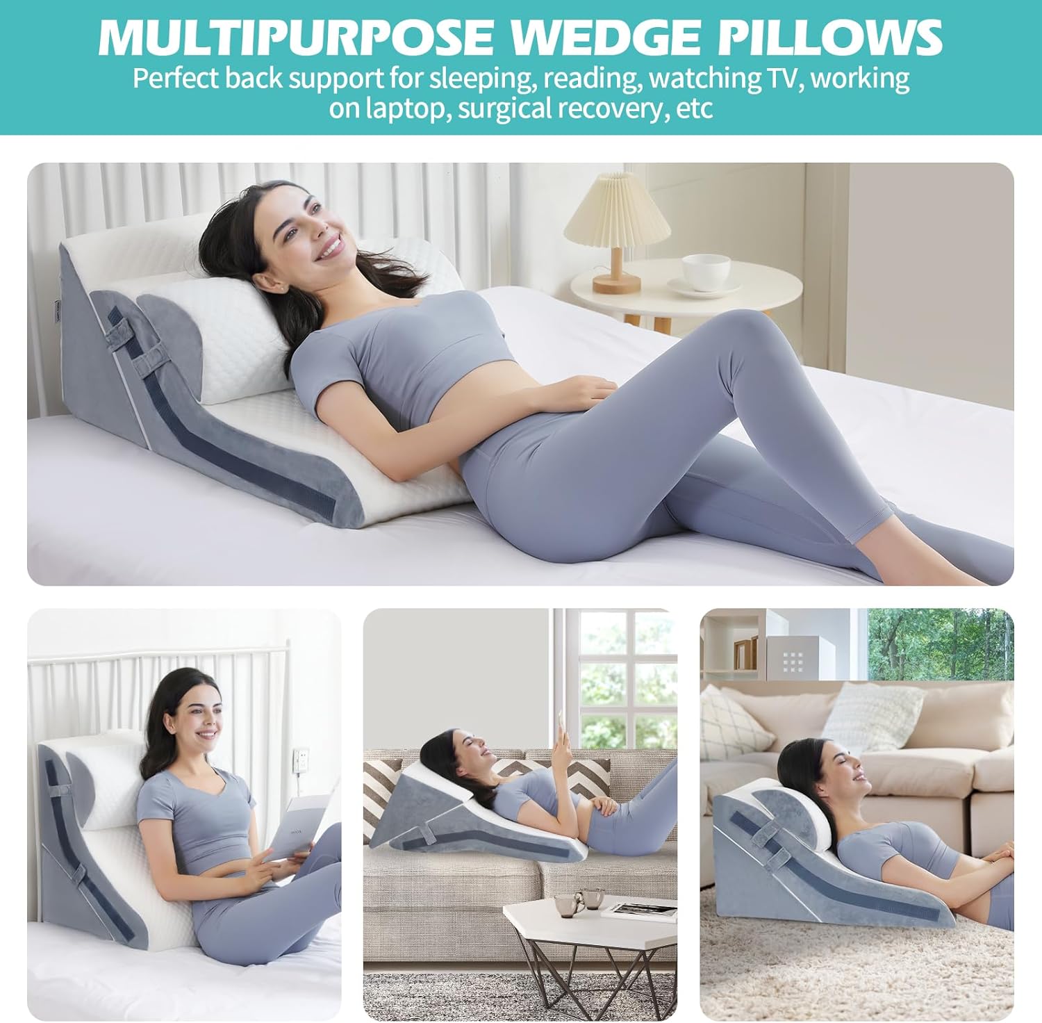 Bed Wedge Pillow Set for Sleeping, Memory Foam Incline Post Surgery Support

