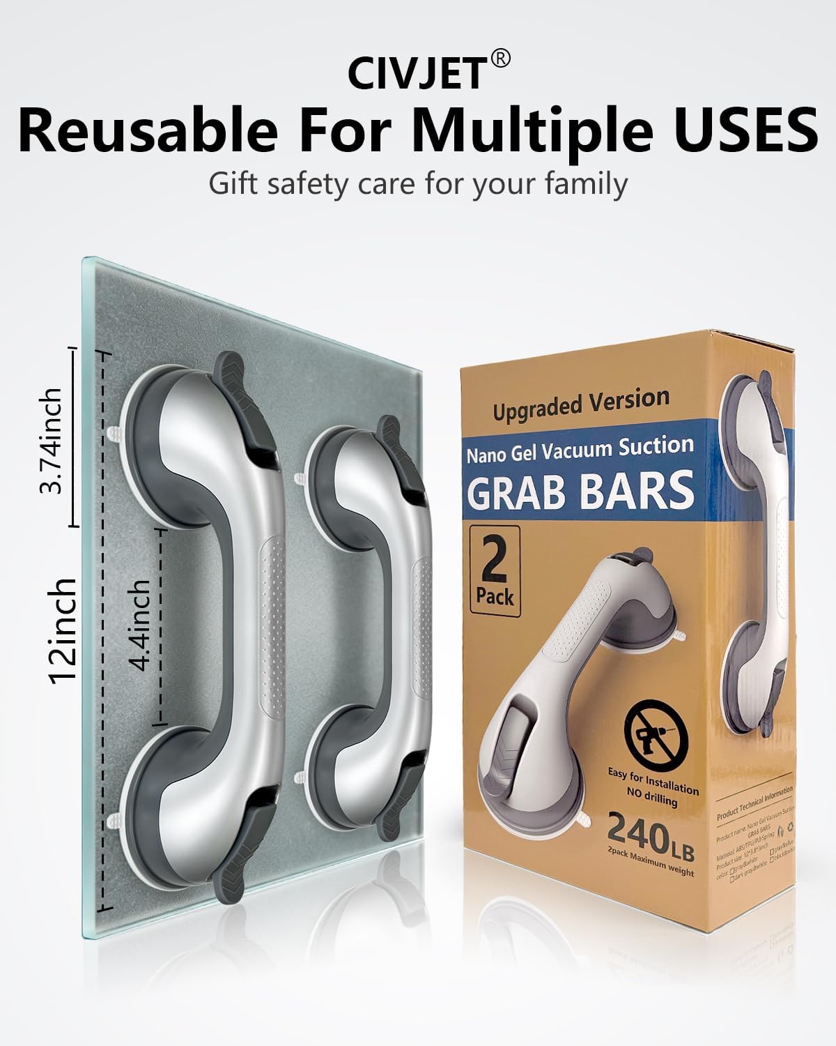 Suction Grab Bar for Shower and Bathtub Safety Handle, Tool-Free No-Drill

