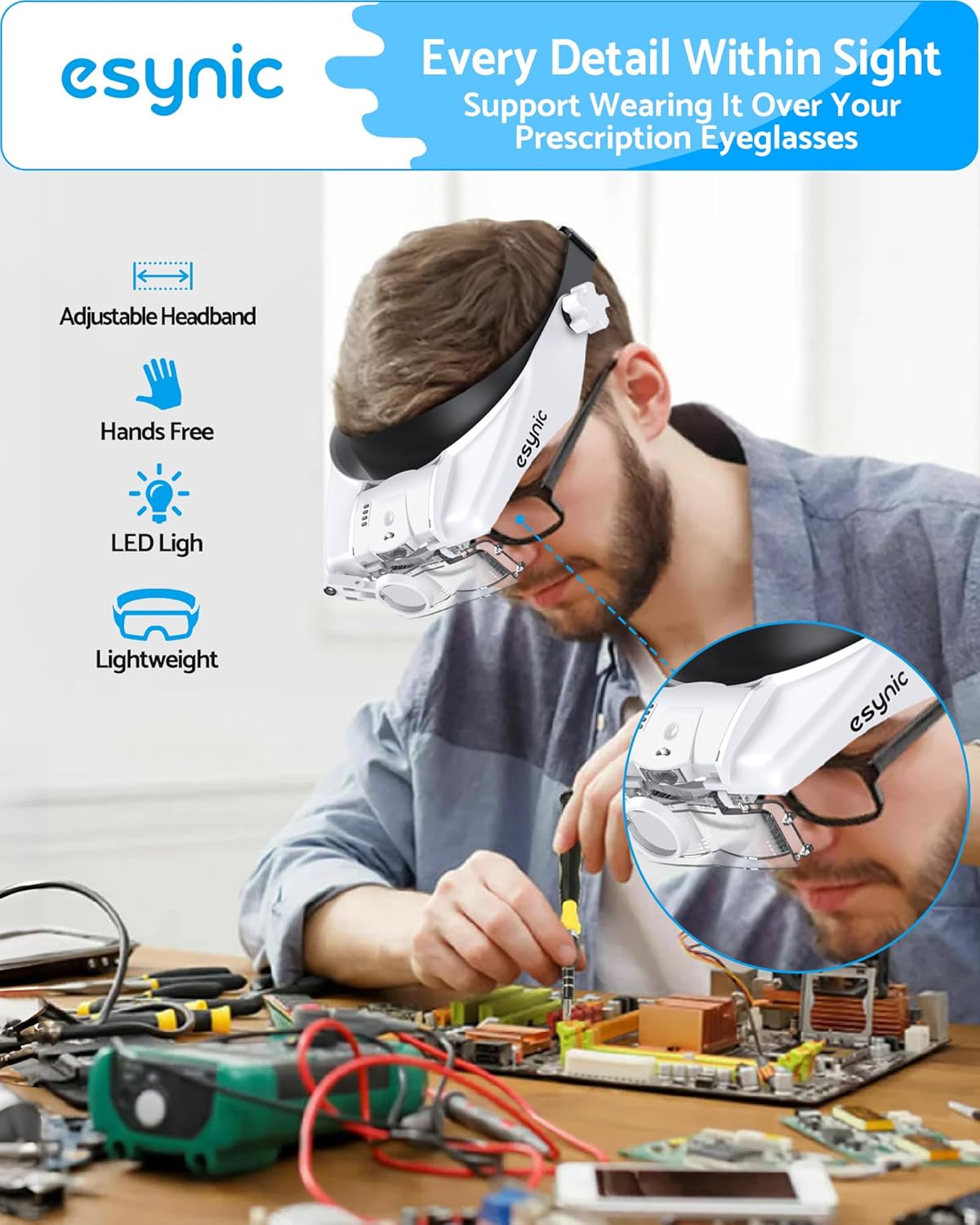 eSynic Comfort-Fit LED Head Magnifier 1.5X–13X with Adjustable Headband

