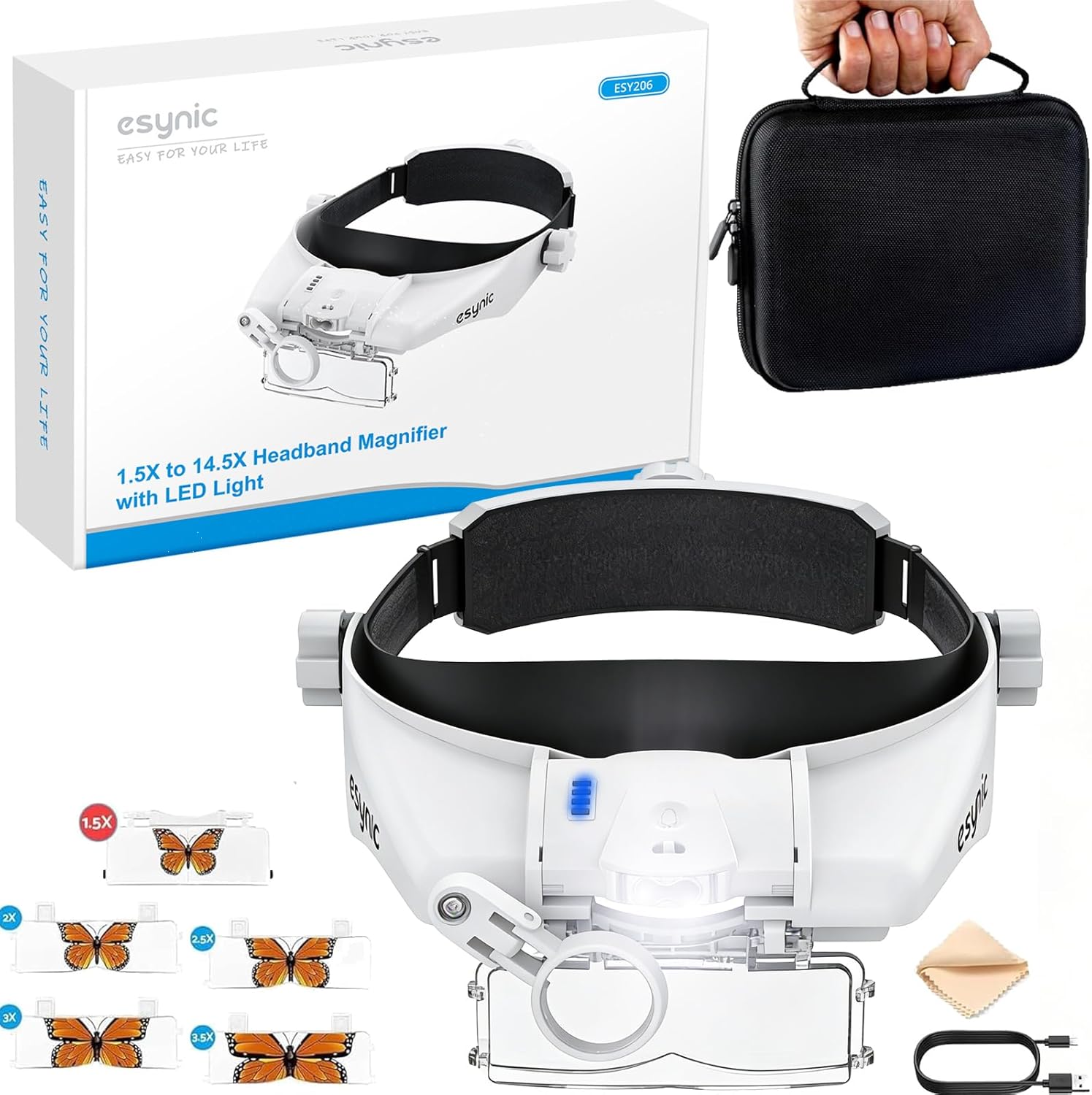 eSynic Comfort-Fit LED Head Magnifier 1.5X–13X with Adjustable Headband

