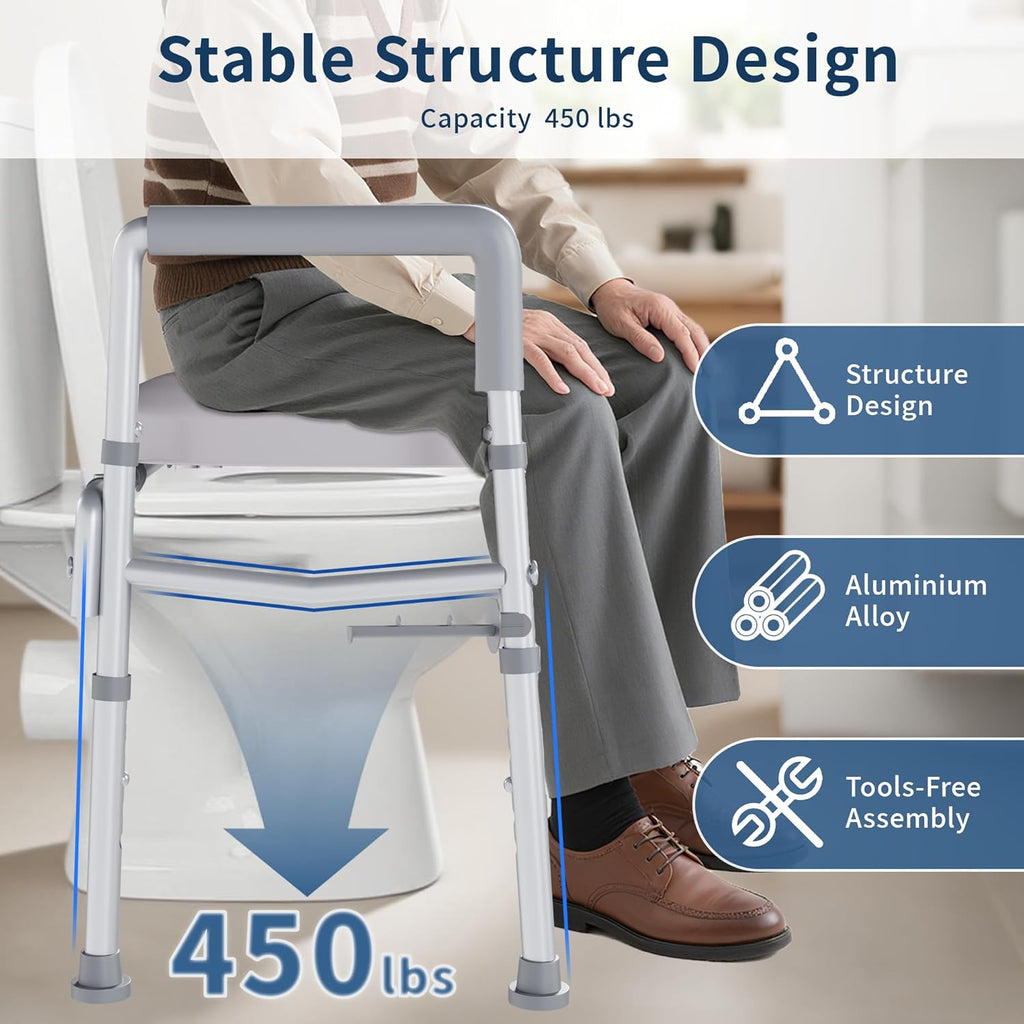 Raised Toilet Seat with Handles, Toilet Seat Riser for Seniors, Adjustable Height and Width, Padded Cushion, 450 lb Capacity, Non-Slip Safety Design

