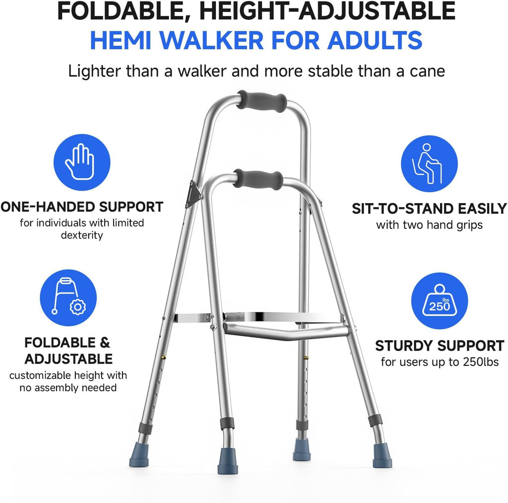 Loyoda One-Arm Hemi Walker Adjustable-Height Folding Aluminum Walker, 250 lb

