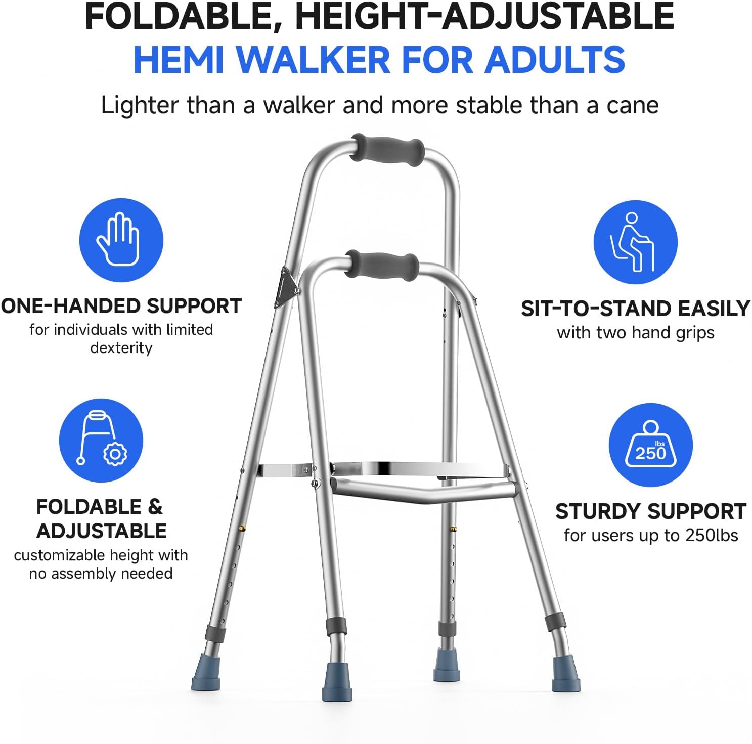 Loyoda One-Arm Hemi Walker Adjustable-Height Folding Aluminum Walker, 250 lb

