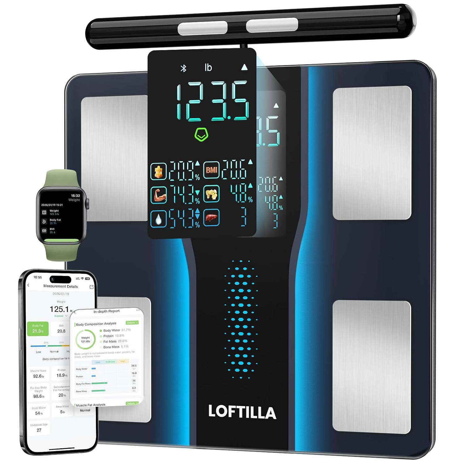 Bluetooth Body Composition Scale with 8 Electrodes, BMI, Fat, Muscle, LED Display

