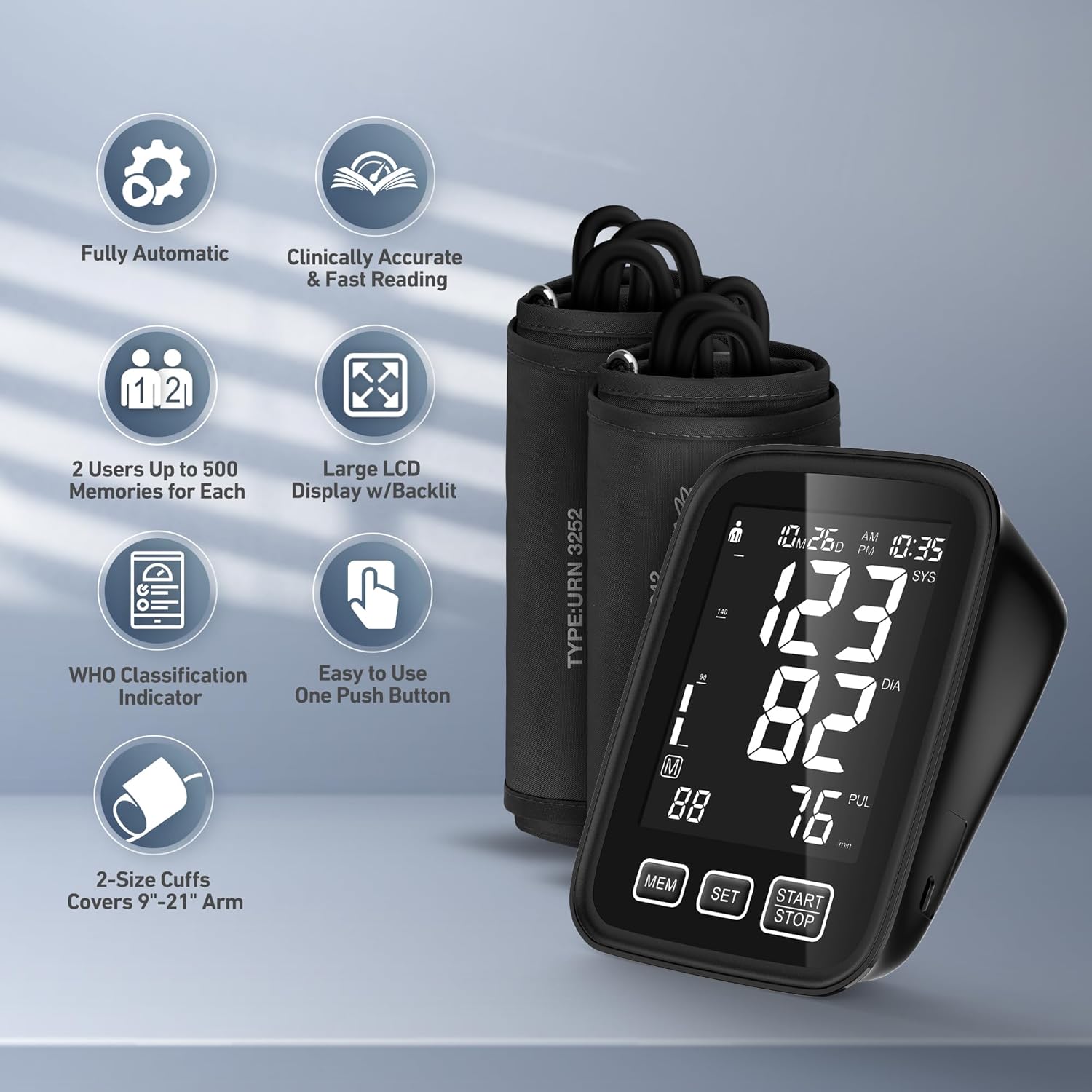 AQESO Upper Arm Digital Blood Pressure Monitor with Backlit Display, 2-User Mode

