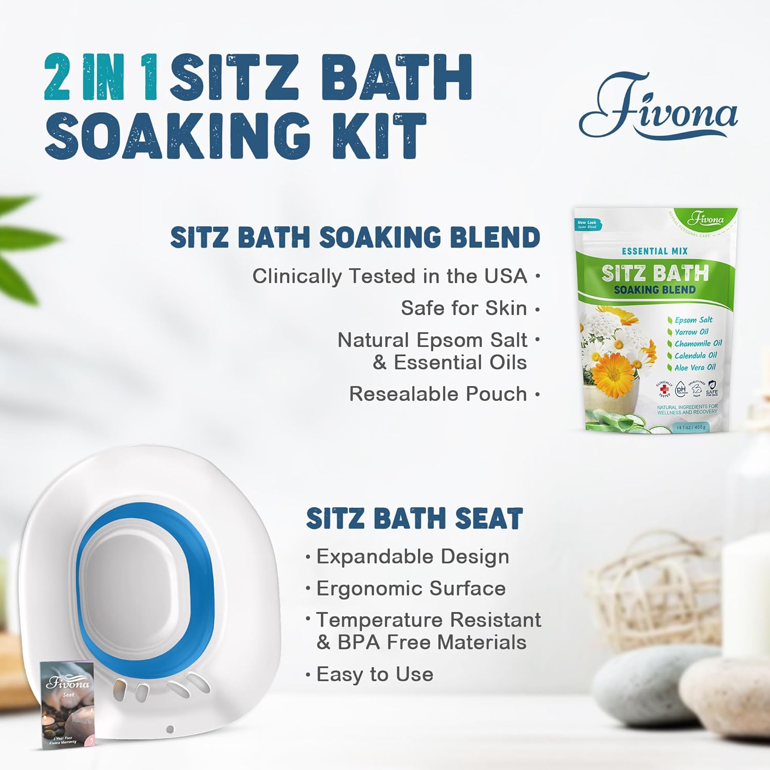 Fivona Sitz Bath Soak Kit Over Toilet Seat with Epsom Salt and Essential Oils

