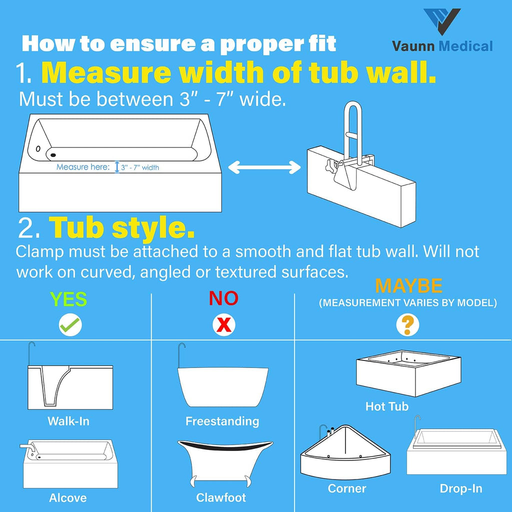 Vaunn Medical Bathtub Safety Rail Shower Grab Bar Handle, Stainless Steel

