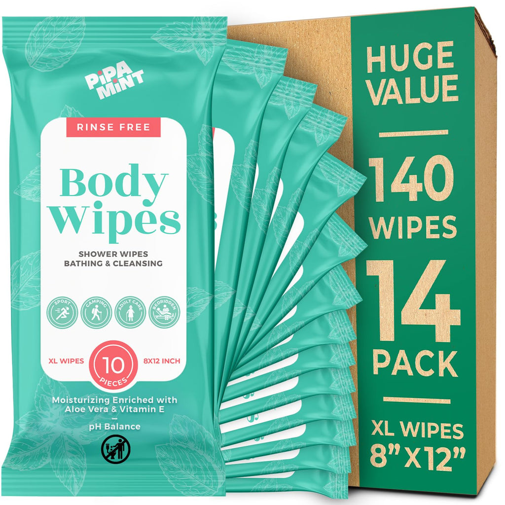 PiPA MiNT XL Bath Wipes for Adults No-Rinse Body & Face Cleansing 140 Wipes

