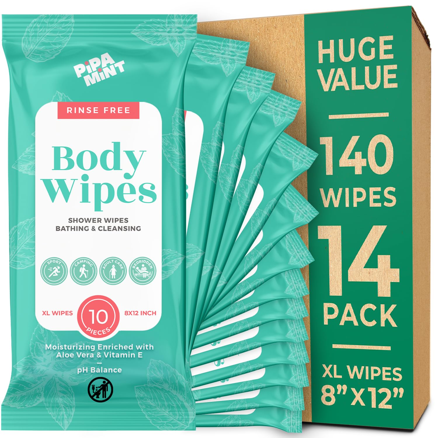 PiPA MiNT XL Bath Wipes for Adults No-Rinse Body & Face Cleansing 140 Wipes

