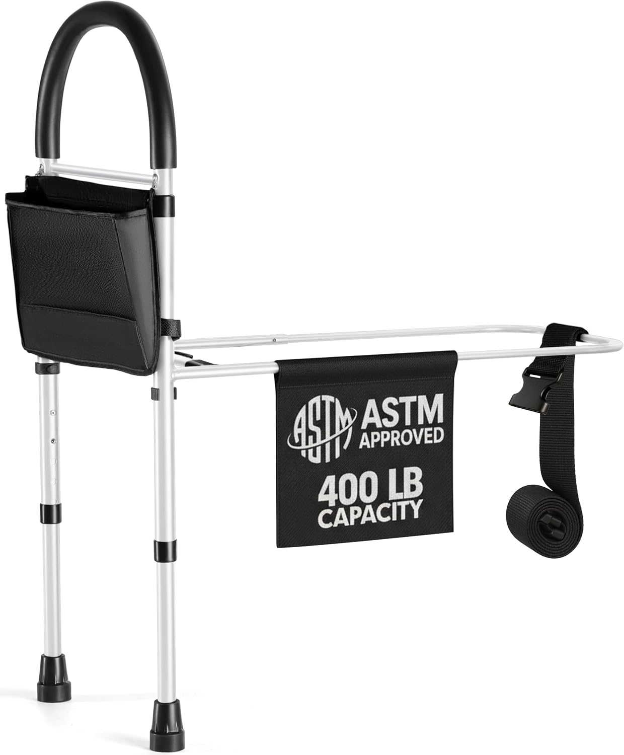 Bed Assist Rail for Seniors with Adjustable Height, Storage Pocket, and Floor Support

