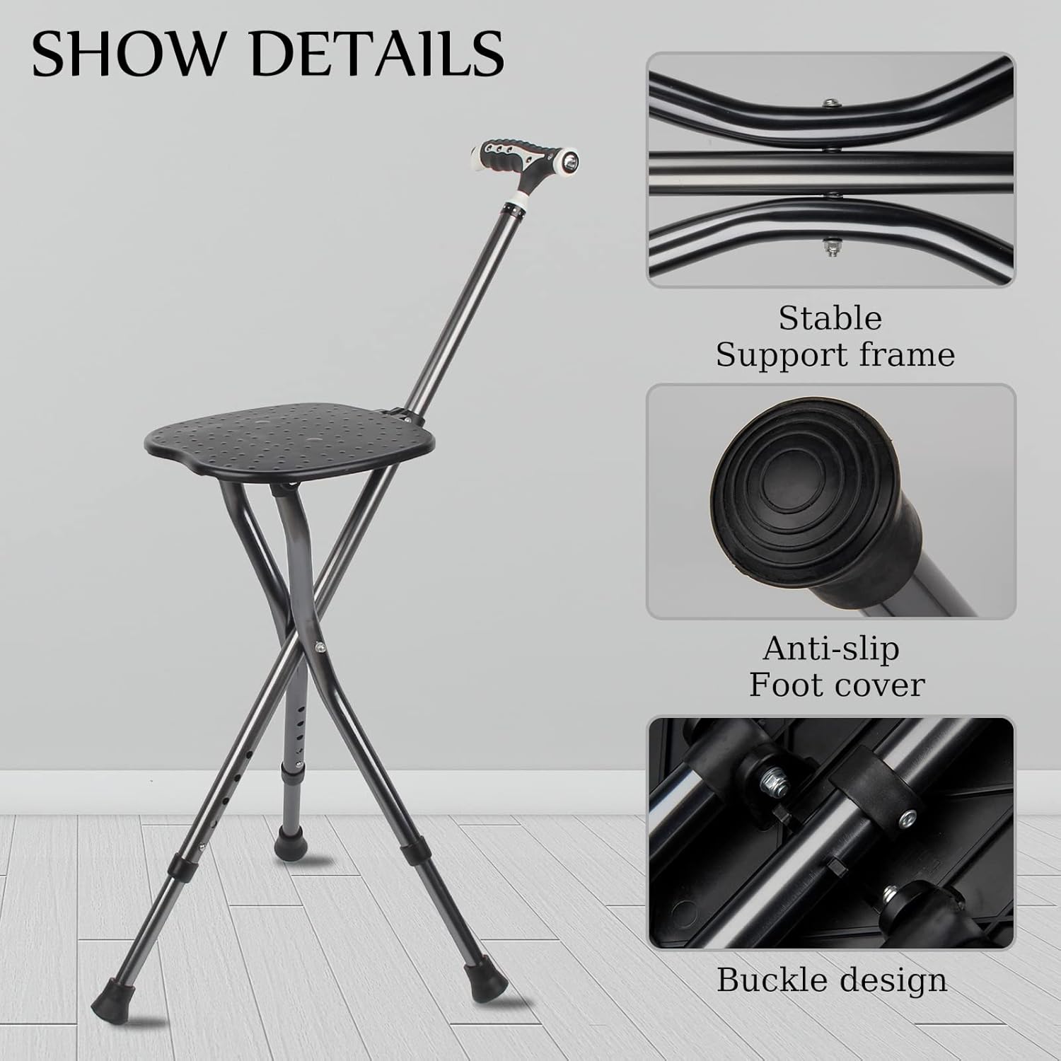 Yayayo Folding Cane with Seat 440 lb Capacity Height Adjustable Walking Stick

