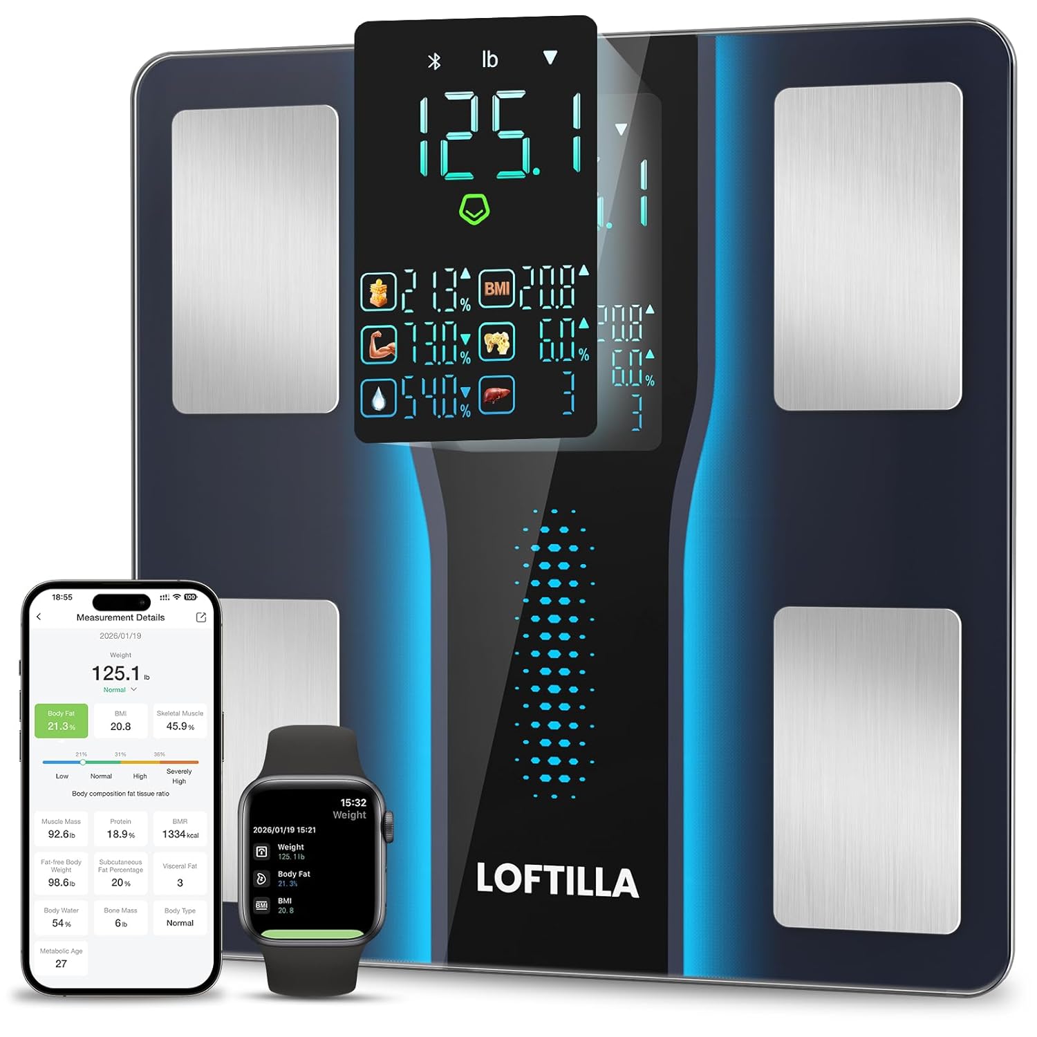 Smart Body Composition Scale with 8 Metrics, BMI, Body Fat, Bluetooth App Sync


