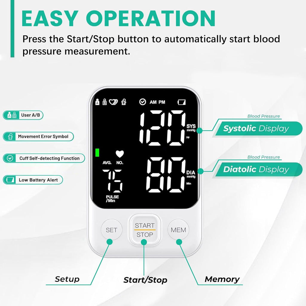 Oklar Upper Arm Blood Pressure Monitor Home BP Machine One-Button Large LED Display

