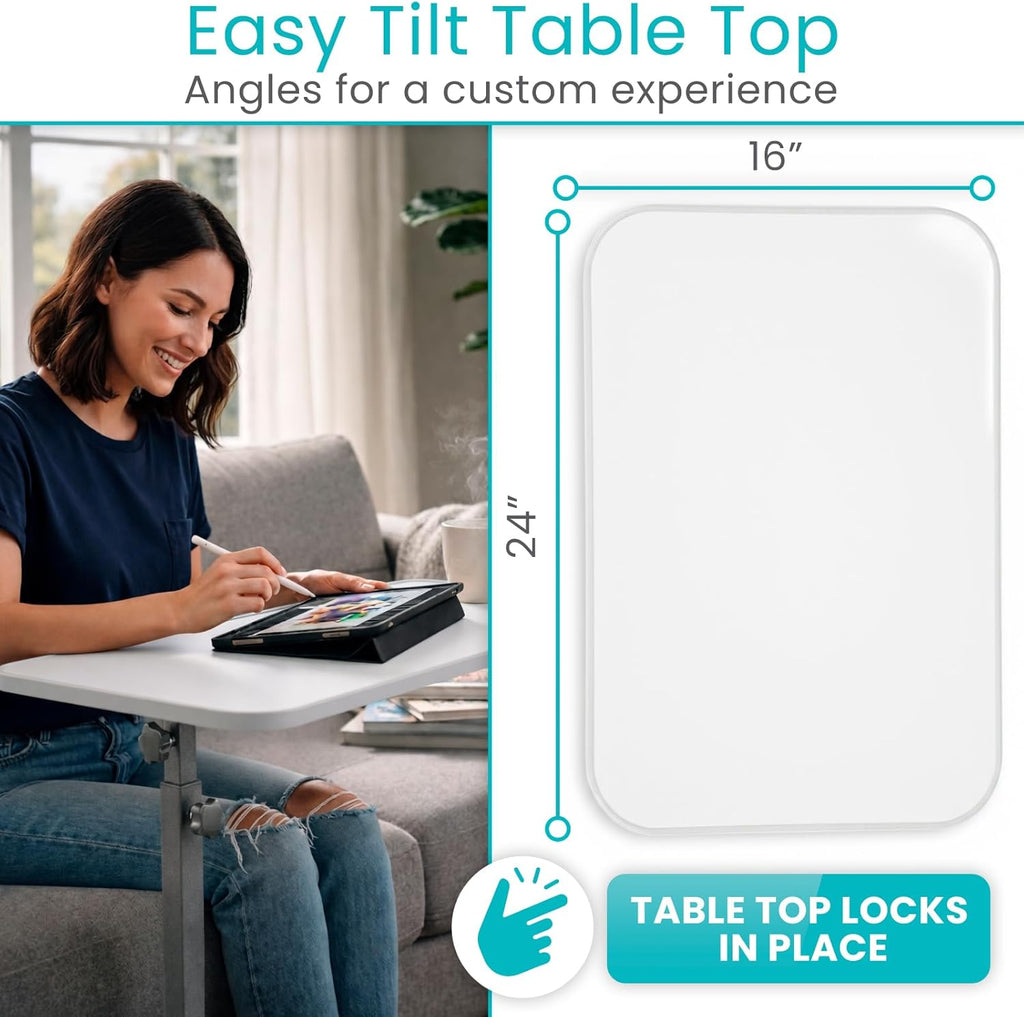 Vive Overbed Hospital Bed Table with Adjustable Height Tilt Tray and Locking Wheels

