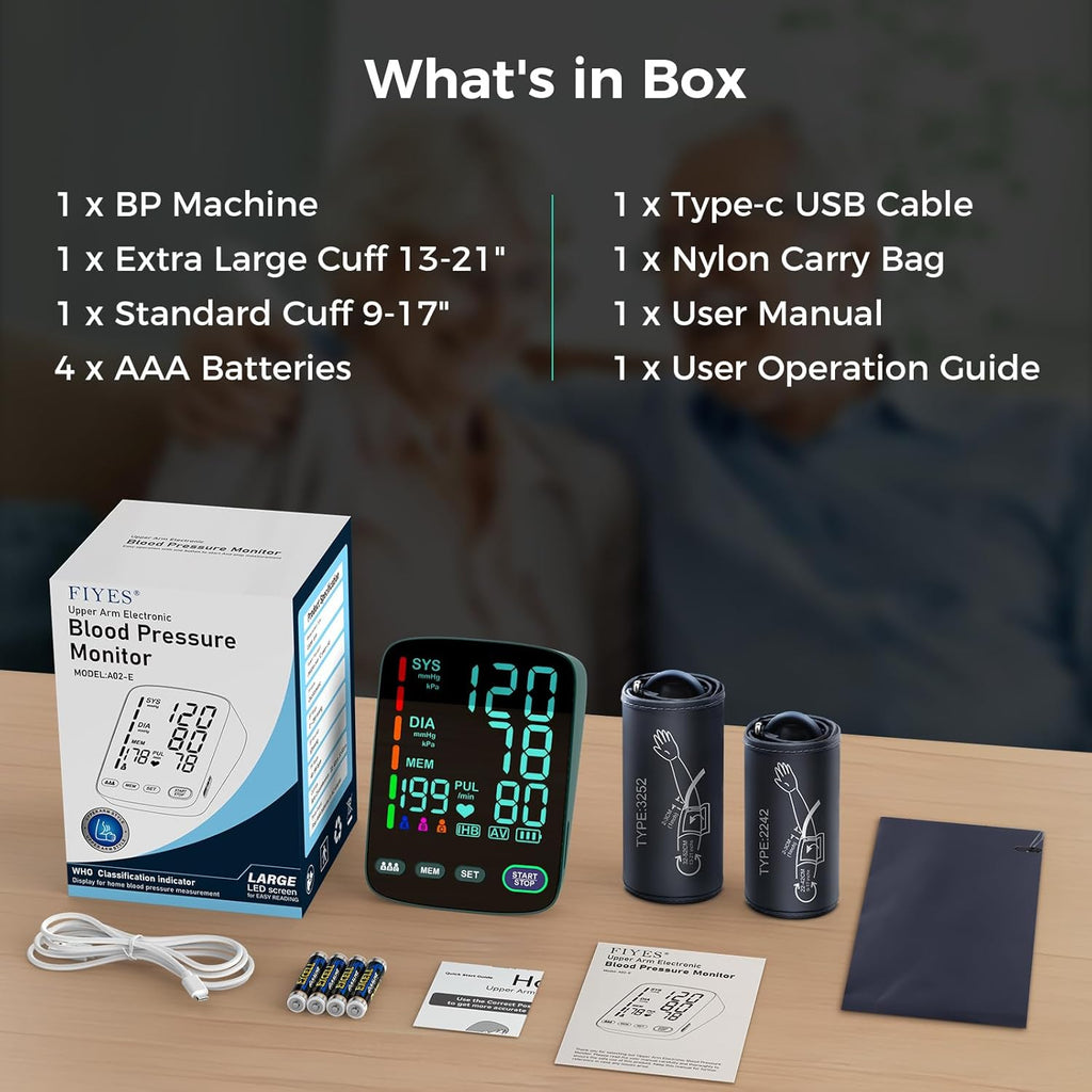 FYES Automatic Upper Arm Blood Pressure Monitor with Large LED Display, USB Charging

