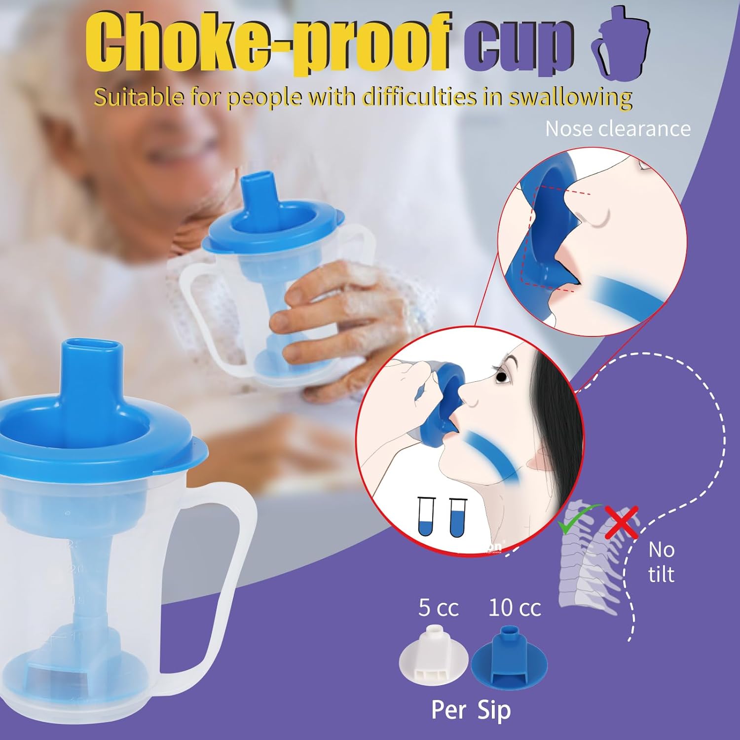 Ehucon Dysphagia Limited Flow Drinking Cup with Lid Slot, 5cc/10cc Inserts

