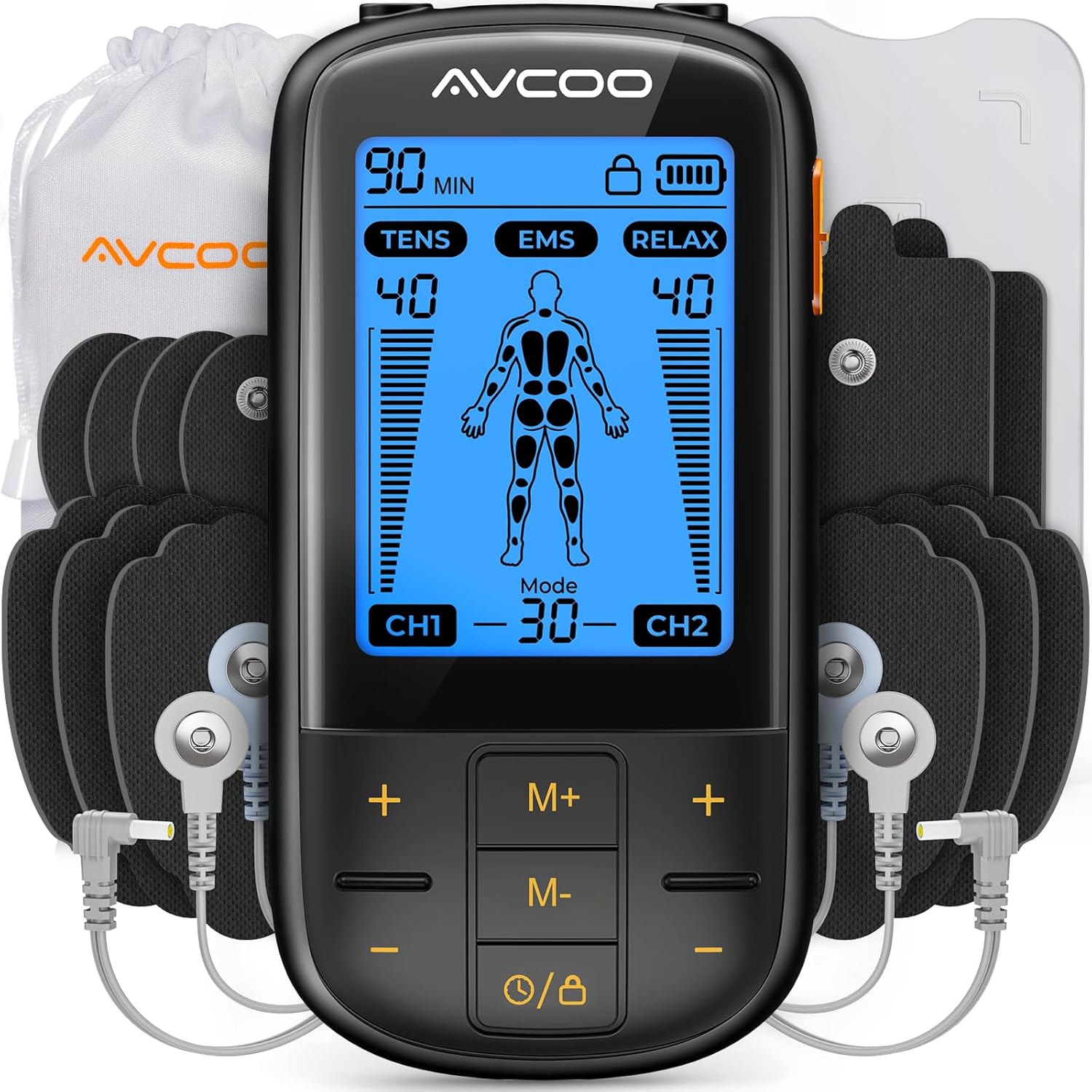 AVCOO 3-in-1 TENS EMS Relax Muscle Stimulator Unit with Rechargeable Pads

