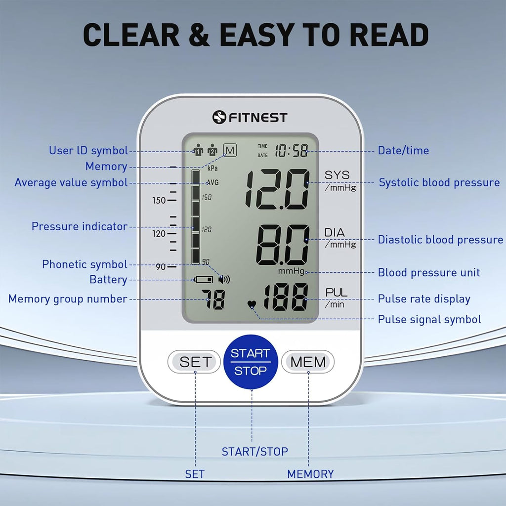 Upper Arm Automatic Digital Blood Pressure Monitor with Large LCD and Adjustable Cuff

