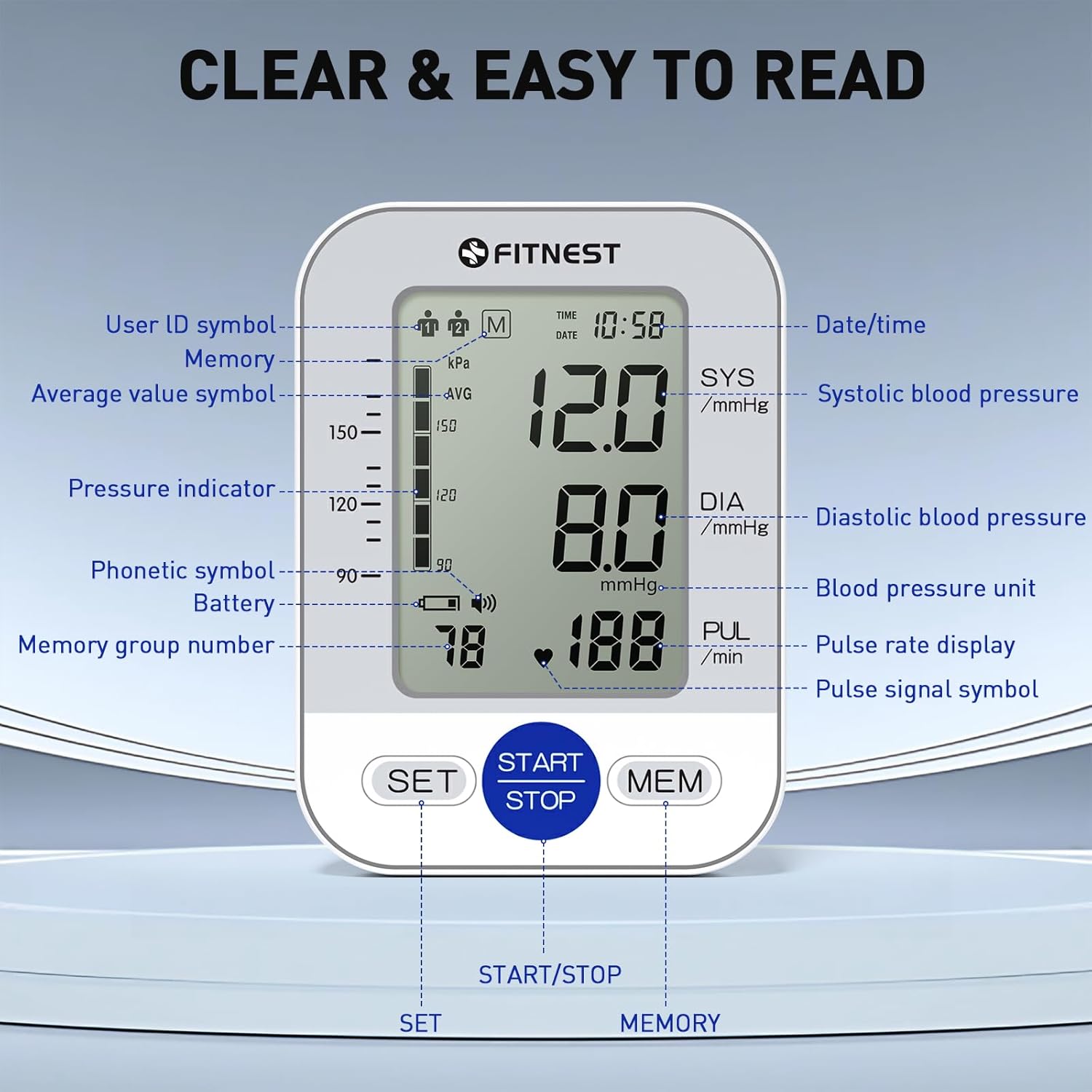 Upper Arm Automatic Digital Blood Pressure Monitor with Large LCD and Adjustable Cuff

